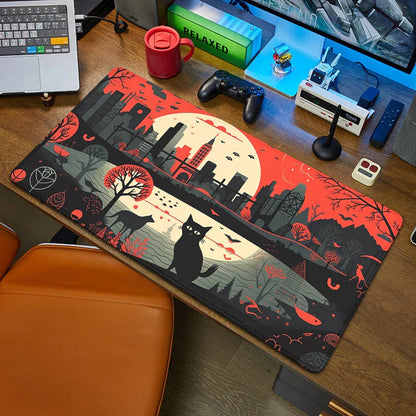 Black Cat Large Mouse Pad 90x40 — Kawaii Black & White Desk Mat for Computer & Office