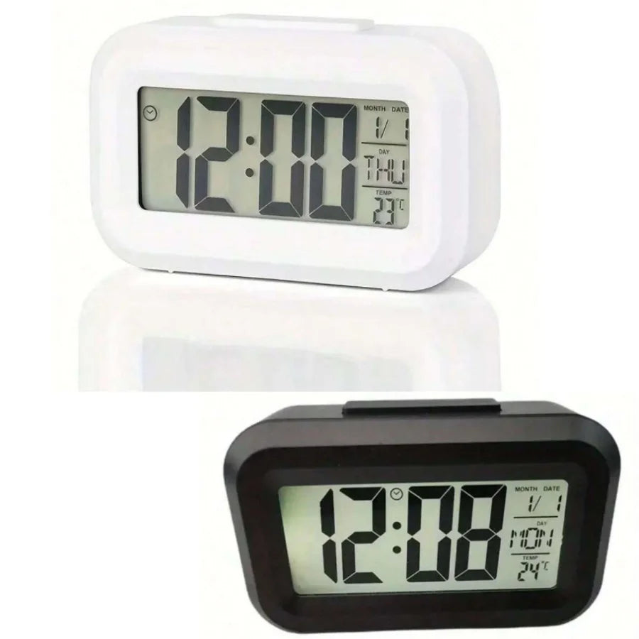 Smart Digital Alarm Clock – Black & White LCD with Temperature, Calendar, Timer & LED Light for Bedroom or Office (No Battery)