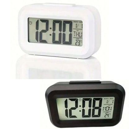 Smart Digital Alarm Clock – Black & White LCD with Temperature, Calendar, Timer & LED Light for Bedroom or Office (No Battery)