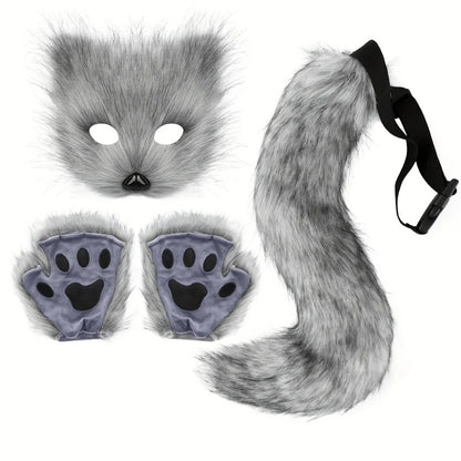 5pcs Fluffy Fur Fox Tail & Cat Paws Gloves Set — Wolf Mask Halloween Cosplay Costume Accessories for Theme Party Dress-Up