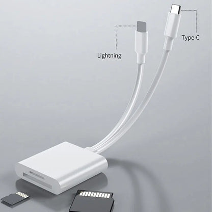 2 in 1 OTG Card Reader – Type C & Lightning to SD/TF Memory Card Adapter – For PC, Laptop, iPhone – No App Required