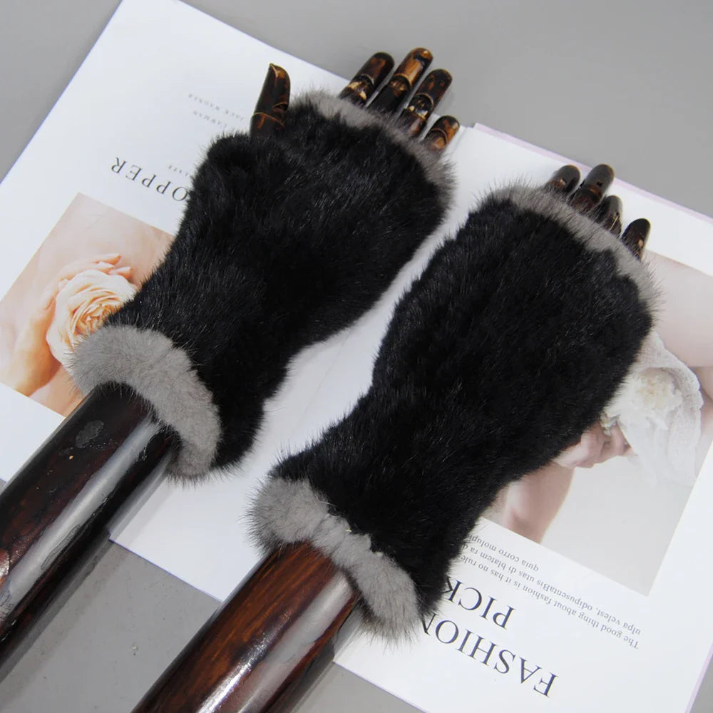 Women’s Winter Mink Fur Gloves – 100% Natural Fingerless Knitted Mittens for Warmth