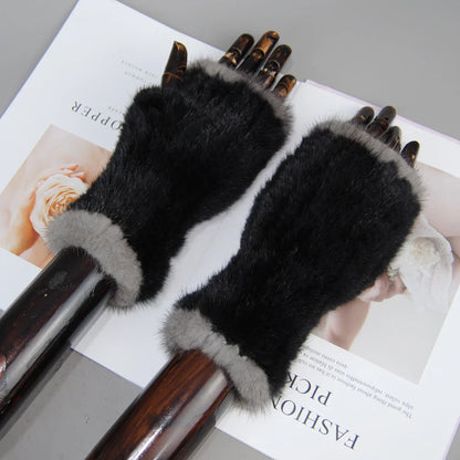 Women’s Winter Mink Fur Gloves – 100% Natural Fingerless Knitted Mittens for Warmth