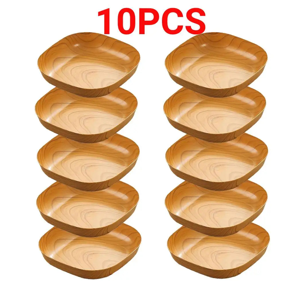 10-Piece Japanese-Style Plastic Dish Set – Multifunctional Wood-Grain Imitation Bowls, Food-Grade Fruit & Household Plates