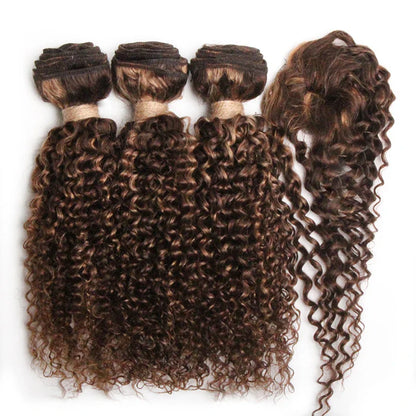 Kinky Curly Human Hair Bundles with Closure – Short Indian Hair Bundles with Circular Closure