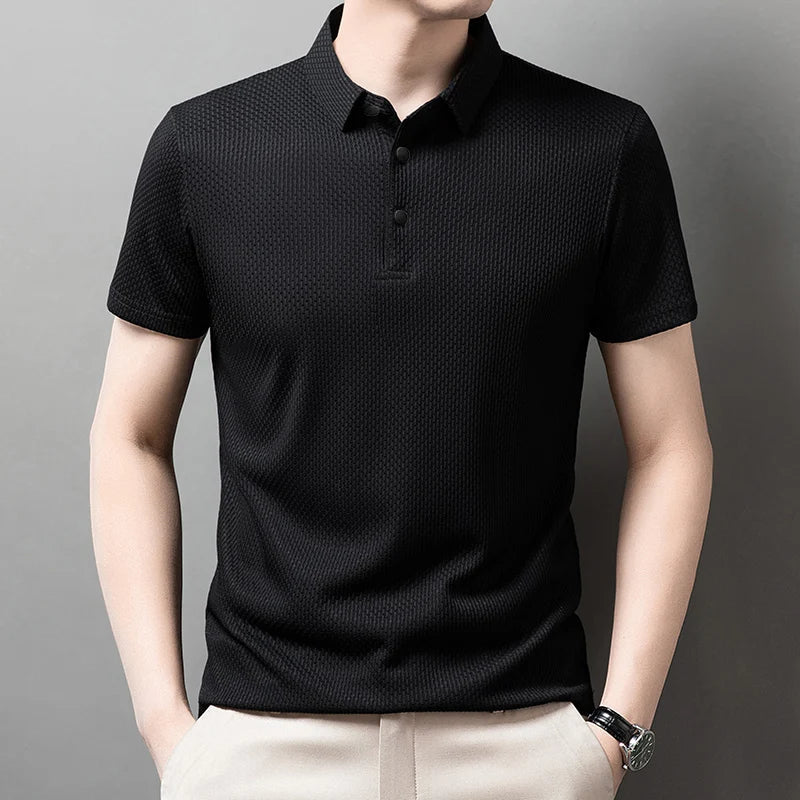 Men’s Business Casual Short Sleeve Polo — Solid Color Floral Summer Shirt, Breathable & Comfortable