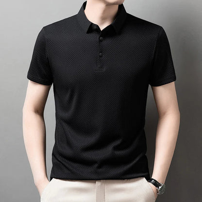 Men’s Business Casual Short Sleeve Polo — Solid Color Floral Summer Shirt, Breathable & Comfortable