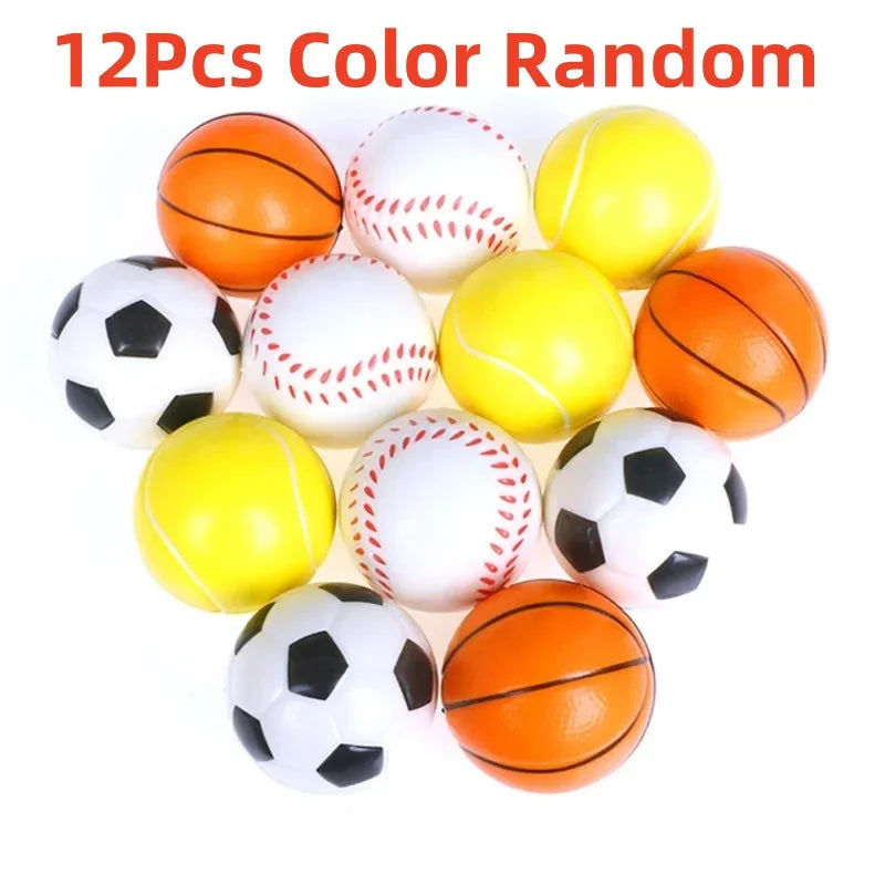12pcs Soft Foam Sports Balls – Stress Relief Soccer, Basketball, Baseball & Tennis Toys