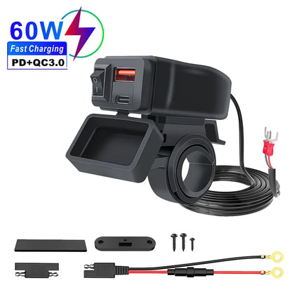 PD QC3.0 Motorcycle USB Fast Charger — 60W Dual USB Handlebar Socket with Switch & Voltmeter, Waterproof 12V Power Adapter
