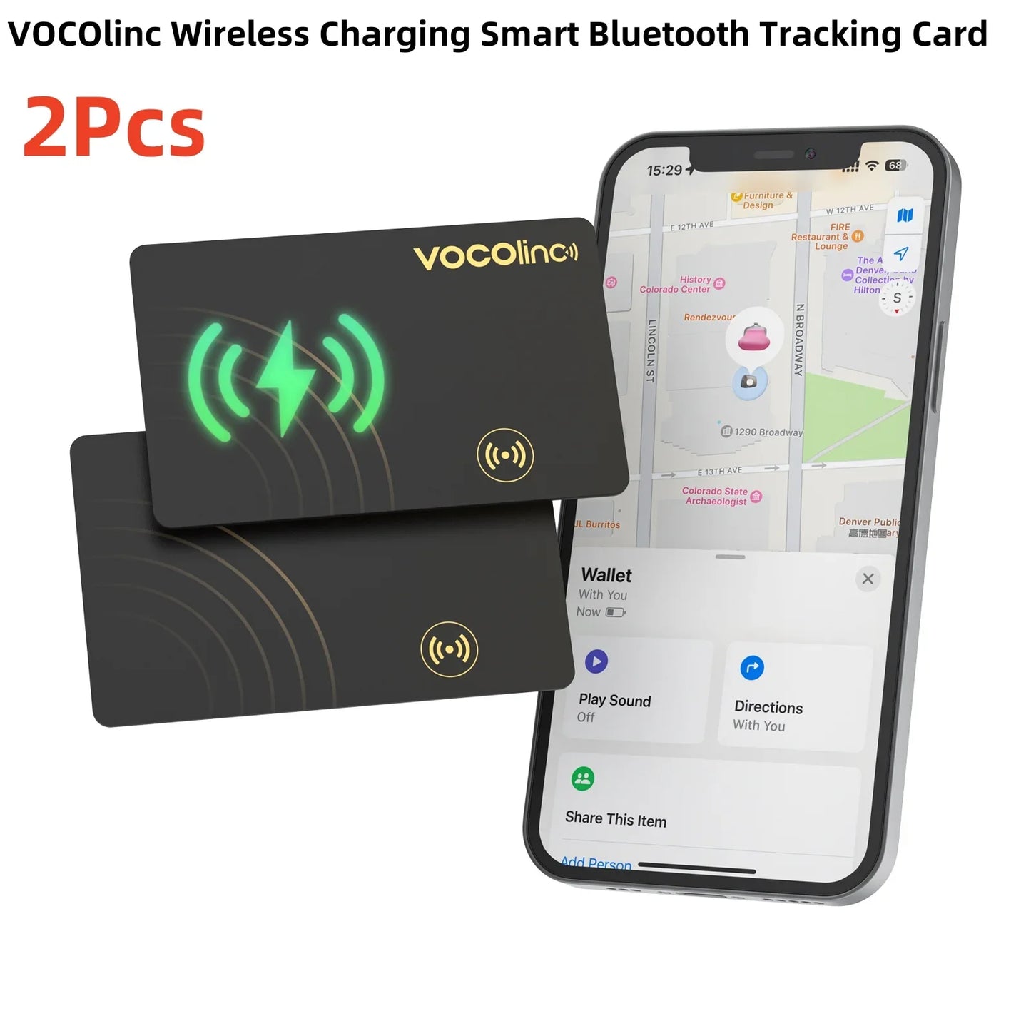 VOCOlinc Wireless Charging Bluetooth Smart Tag — 1/2PCS Global Locator & Item Finder Card, Compatible with Find My (iOS Only)