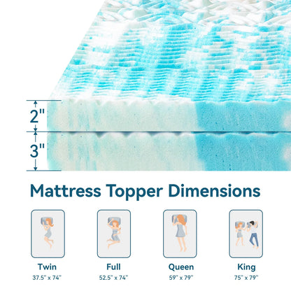 Hcore 5-Zone Cooling Gel Memory Foam Mattress Topper – Pressure Relief Bed Topper for Comfort & Support (Blue)