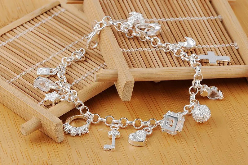 Fashion 925 Sterling Silver Bracelet for Women — Pretty Heart Zircon Pendant Chain, 20CM/8inch, Classic Wedding & Party Jewelry Gift