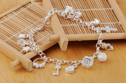 Fashion 925 Sterling Silver Bracelet for Women — Pretty Heart Zircon Pendant Chain, 20CM/8inch, Classic Wedding & Party Jewelry Gift
