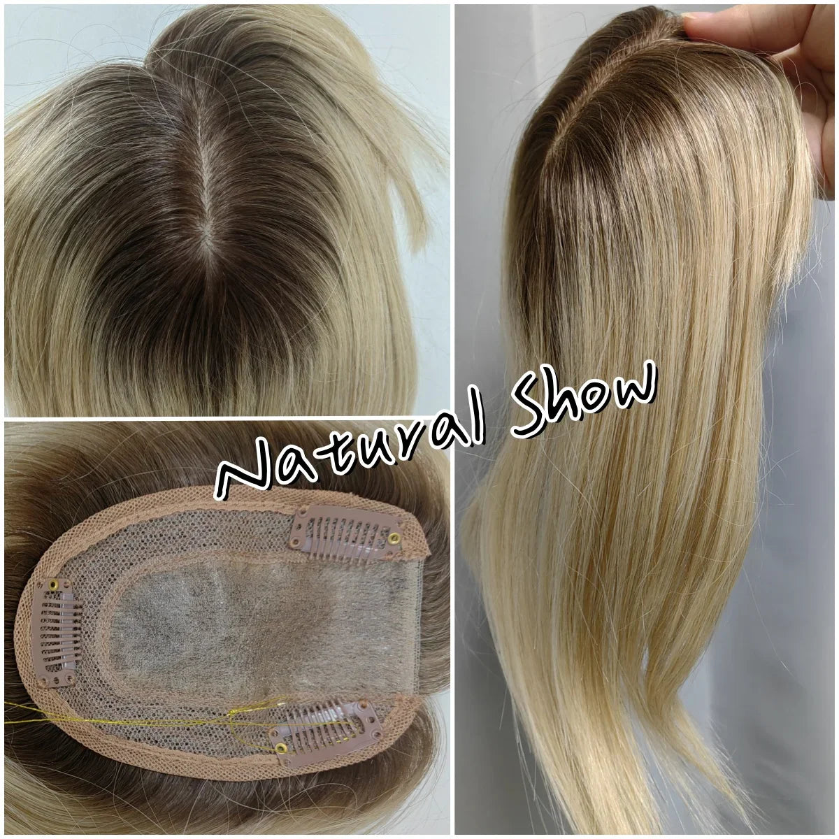 Brown Blonde Ombre Human Hair Toppers for Women – 10/12/14 Inches with Silk Base, Clips, and Bangs