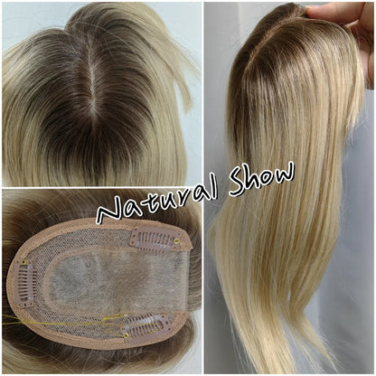 Brown Blonde Ombre Human Hair Toppers for Women – 10/12/14 Inches with Silk Base, Clips, and Bangs