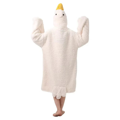Thick Coral Fleece Goose Hooded Robe - Cute Cartoon Couple Pajamas, Funny Cosplay Nightgown & Cozy Home Sleepwear