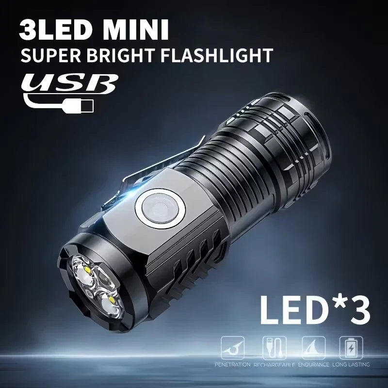 Mini 3 LED Rechargeable Flashlight with Pen Clip – Portable Waterproof Emergency Torch for Night Walking & Outdoor Use High Brightness Spotlight Light