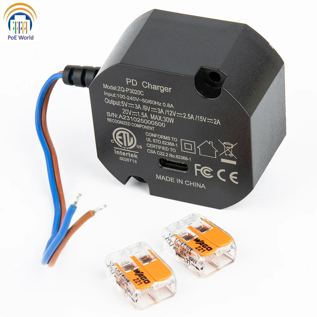 Flush Wall-Mounted USB-C Charger 30W – 240V AC to 5V/9V/12V/15V/20V Type-C Power Adapter for iPad & Tablets