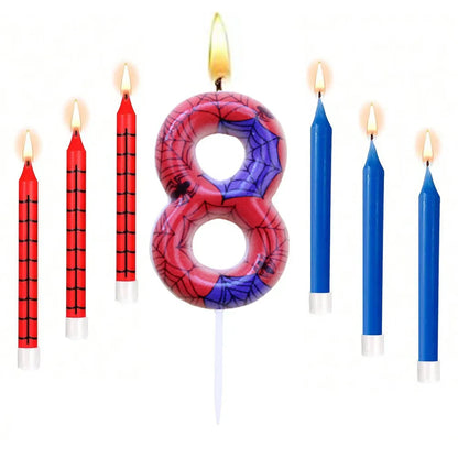 7Pcs Spider-Themed Number 4 Birthday Candles – Red & Blue Cartoon Cake Topper Decorations for Kids Party Supplies