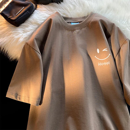 Men's & Women's Smiling Face T-Shirt — Funny Fashion Oversized Short-Sleeve Couple Top, American Basic Loose Pullover