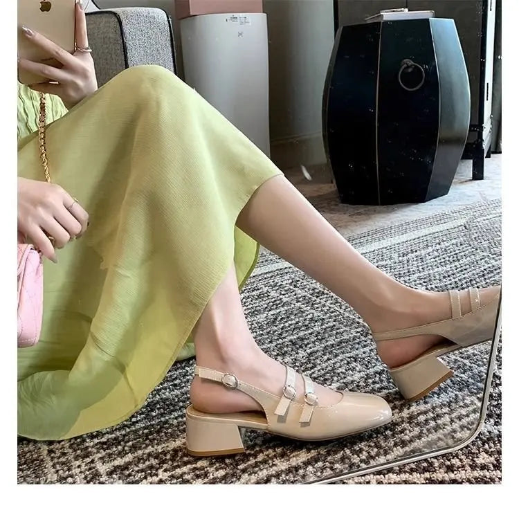 2025 Women’s Burgundy Mary Jane Shoes – Square-Toe Patent Leather Chunky Heel with Double Buckle