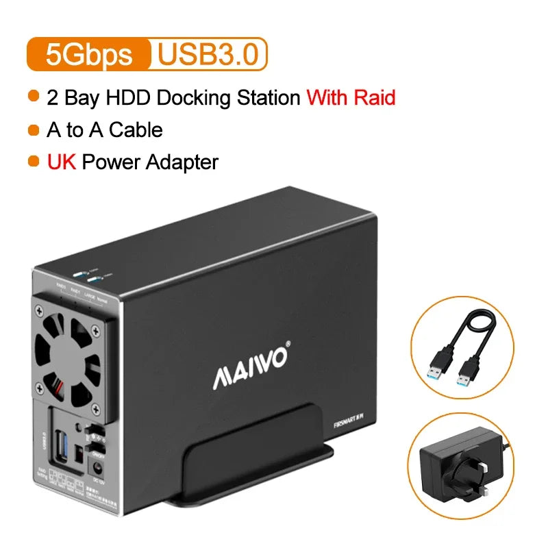 MAIWO 3.5 Inch HDD Case – Dual Bay SATA RAID Storage Enclosure & Docking Station for 2.5/3.5 Inch External Hard Drives