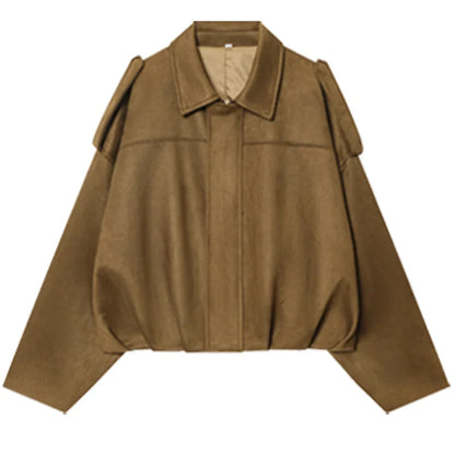 HXAO Women's Oversized Suede Cropped Bomber Jacket – Casual Batwing Sleeve Streetwear Coat