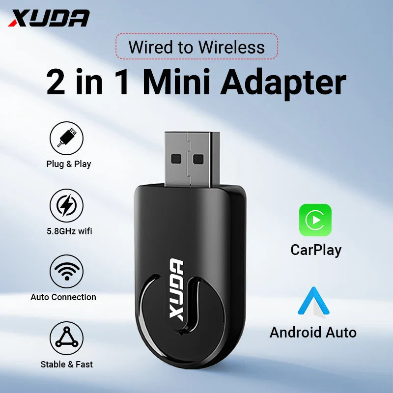 XUDA 2-in-1 Wireless CarPlay & Android Auto Mini Box — Plug & Play AI Adapter Compatible with 99% of Car Radios