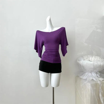 Women’s High Stretch Slash Neck Top - Slim Fit Flare Sleeve Pleated Summer Solid Color T-Shirt