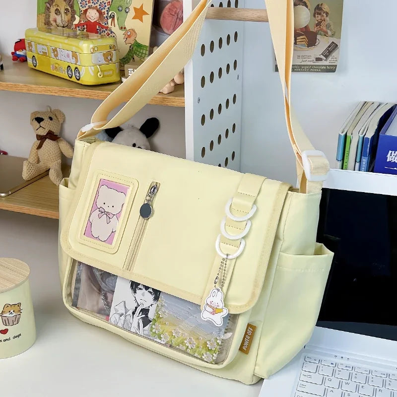 Y2K Japanese Harajuku School Bag — 2024 Transparent Itabag Crossbody for Teenage Girls with DIY Badge Display Plate