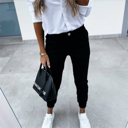 Women’s Slim High-Waist Bodycon Pants – Solid Pencil Trousers with Pockets, Spring & Autumn Casual Wear