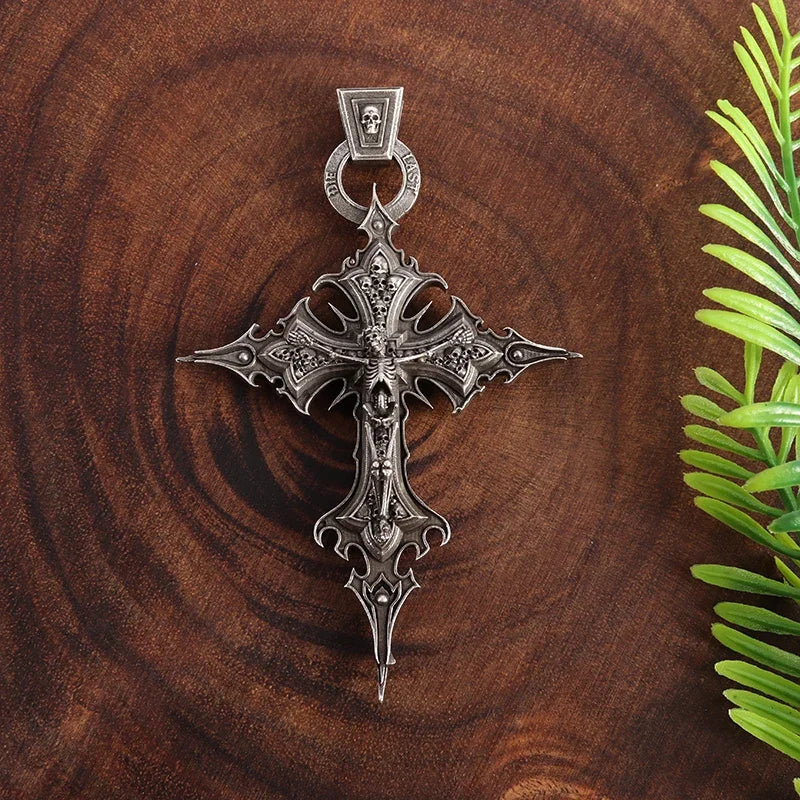 Gothic Skull Jesus Cross Necklace – Punk Catholic Amulet Jewelry for Men, Religious Pendant