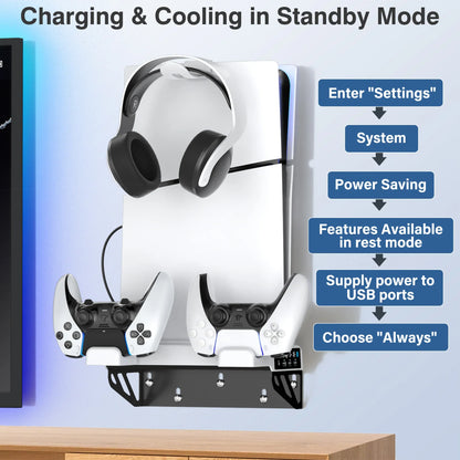 PS5/PS5 Slim/PS5 Pro Wall Mount Kit – With Charging Station, Cooling Fans & Headset Hanger, Behind-TV Wall Stand