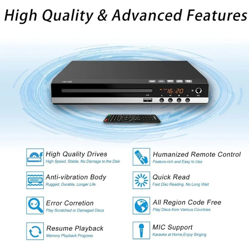 DVD Player VCD CD Multimedia Machine – HDMI-Compatible with AV Output, Remote Control & AV Cable