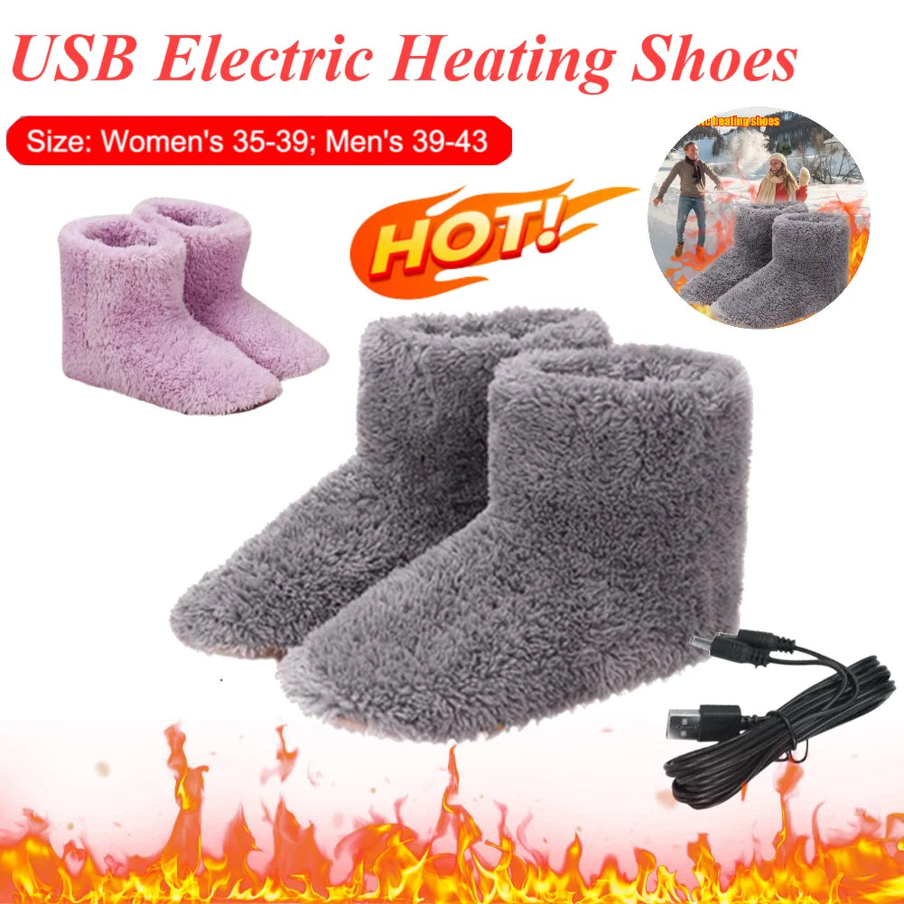 USB Electric Heated Shoes – Men & Women Winter Warm Snow Boots, Plush Electric Slippers & Foot Warmer House Shoes