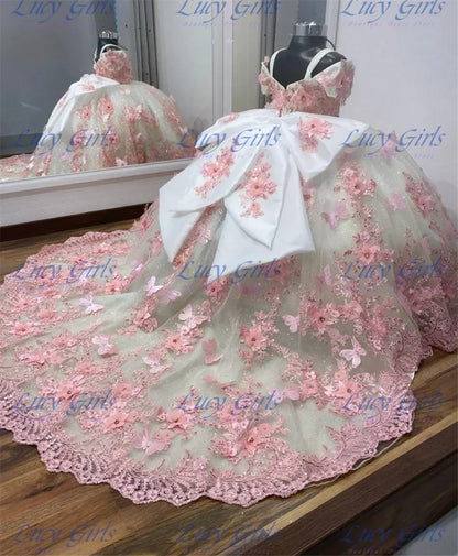Pink Flower Girl Dress - Fluffy Tulle Butterfly Applique Gown for Weddings & Parties