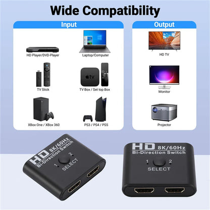 4K HDMI Bi-Directional Switch – 2 Port 8K 60Hz HDMI Splitter for Laptop, PC, Xbox, PS3/4/5, TV Box to Monitor Adapter