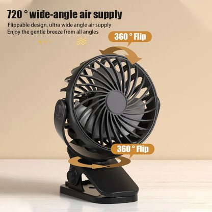 Rechargeable Portable Electric Fan – 720° Rotating Clip Fan with Night Light, Air Cooler for Outdoor, Camping & Desk Use