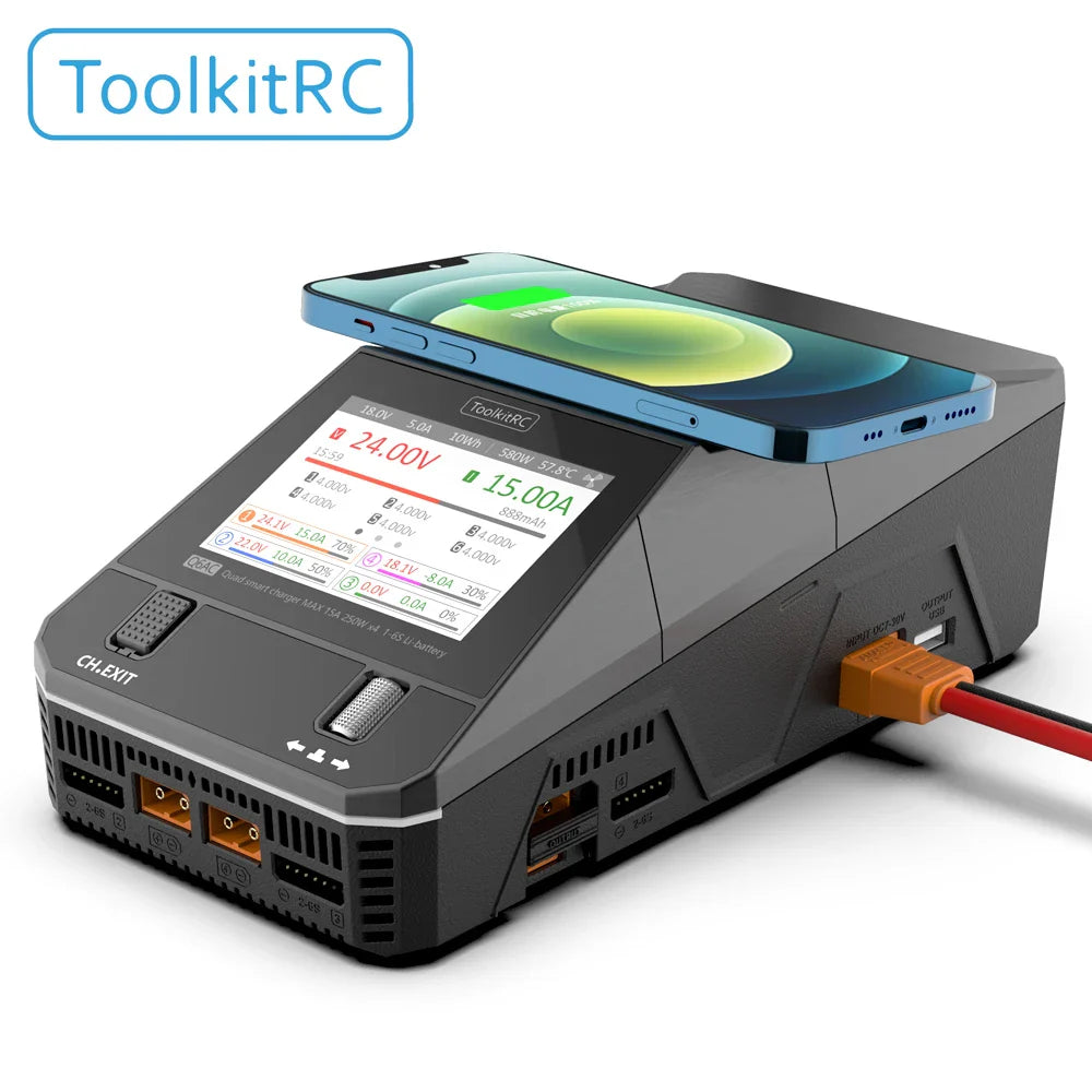 ToolkitRC Q6AC Charger — AC 400W/DC 1000W 4CH with USB A/Type-C, LiPo 1-6S, NiMH 1-16S, PB 1-10S, IPS Display
