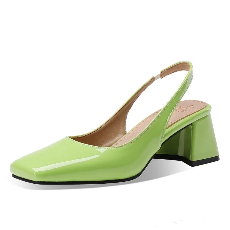 Women’s Bright Green Patent Leather Slingback Pumps – Square Toe Chunky Heel Stylish Shoes