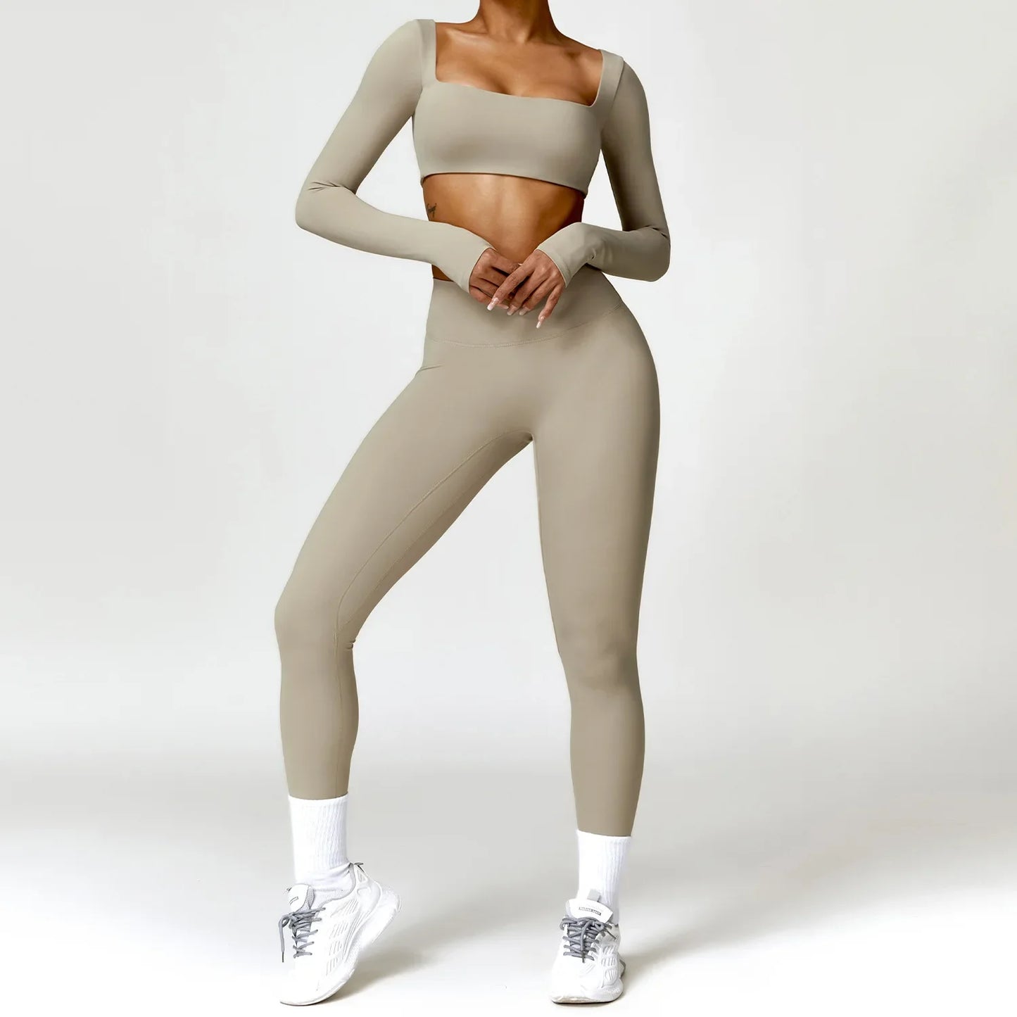 Hearuisavy 2PCS Long Sleeve Gym Set for Women, Quick-Drying Yoga Clothes, Sportswear, Running Leggings, Workout Sports Crop Top