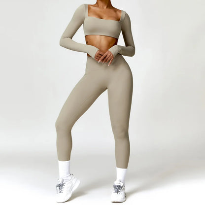 Hearuisavy 2PCS Long Sleeve Gym Set for Women, Quick-Drying Yoga Clothes, Sportswear, Running Leggings, Workout Sports Crop Top