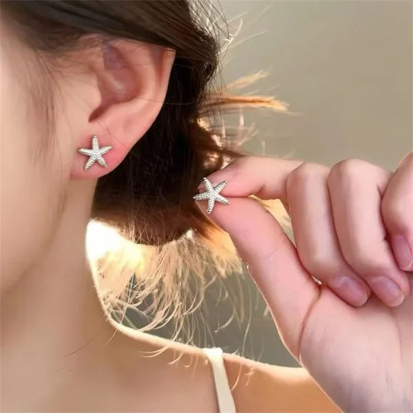 Ocean Style Asymmetric Earrings - Starfish Shell Pearl Zircon Stud Jewelry Gift for Women