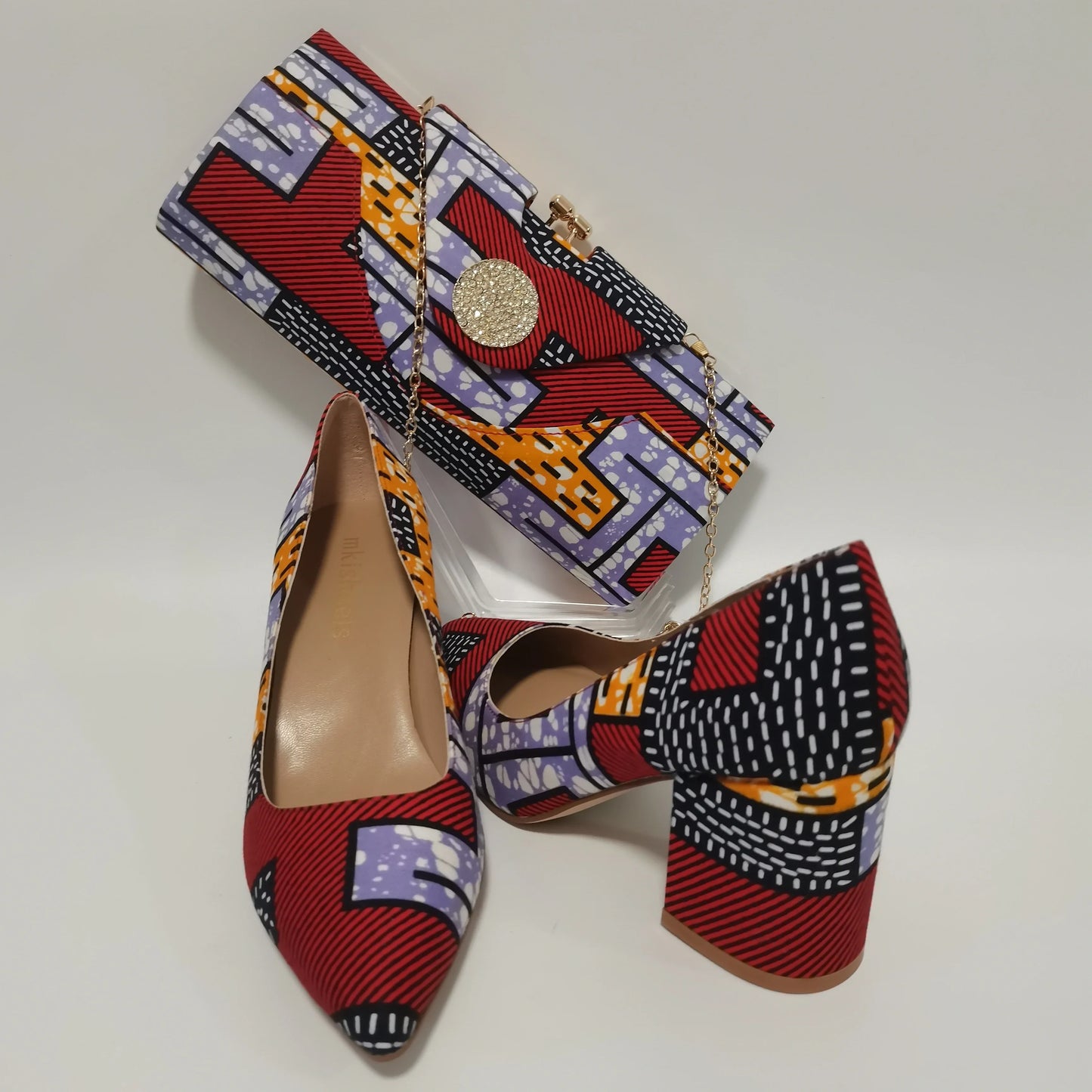 African Ankara Women’s Block Heel Shoes & Purse Set - Nigerian-Inspired Pointed Toe Fashion Accessories