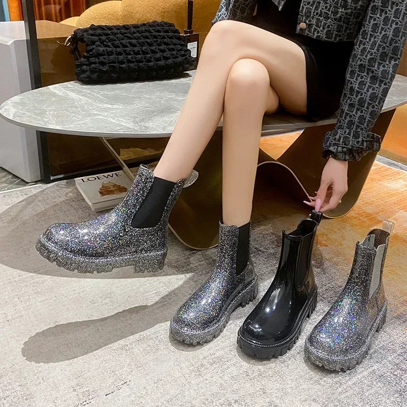 Women’s Shiny Color Fashion Rain Boots – Four-Season Waterproof Mid-Tube Ankle Outdoor Shoes