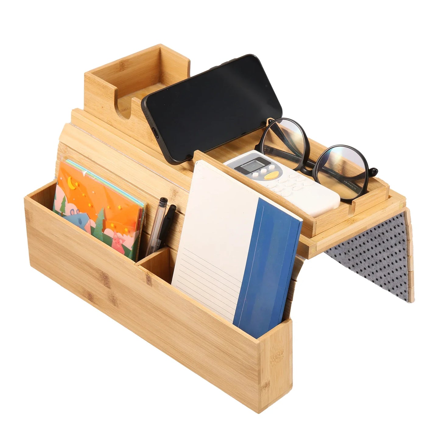 Bamboo Couch Cup Holder with Side Storage Pocket – Anti-Slip Foldable Sofa Armrest Tray for Cups, Snacks & Drinks