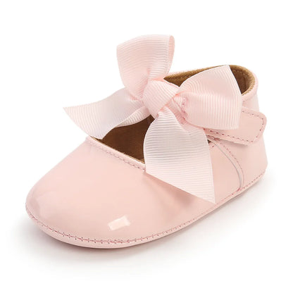 Meckior Baby Girl Shoes – Bowknot PU Ballet Slippers with Rubber Anti-Slip Sole, First Walker Toddler Crib Dress Shoes