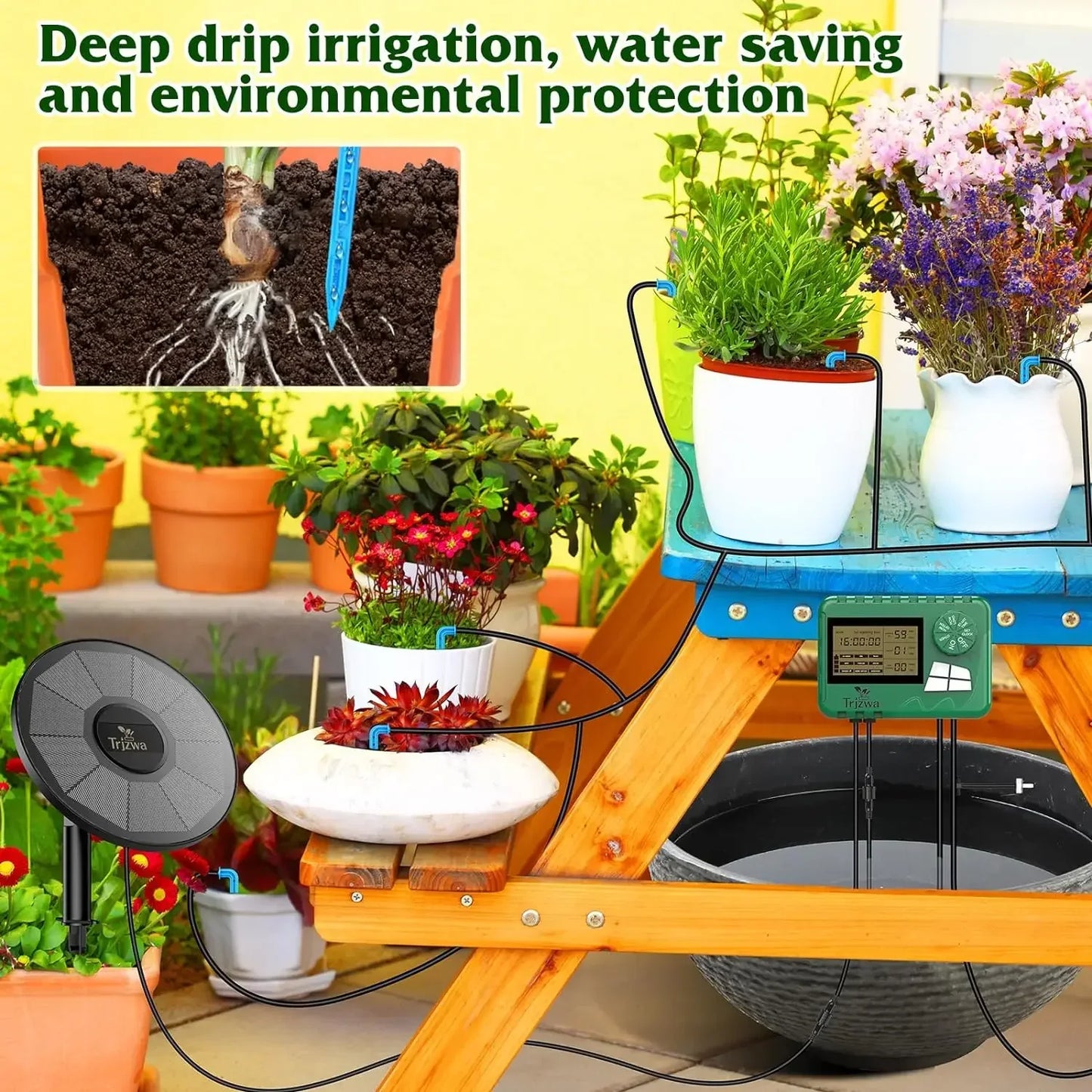 Solar Drip Irrigation System Kit – Automatic DIY Garden Watering Timer with Display Screen for Plants & Travel Use