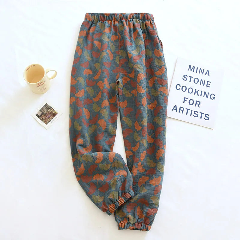 2025 Spring Summer Women's Pajama Pants – 100% Cotton Crepe Loose Fit Leaf Print Home Wear Bottoms