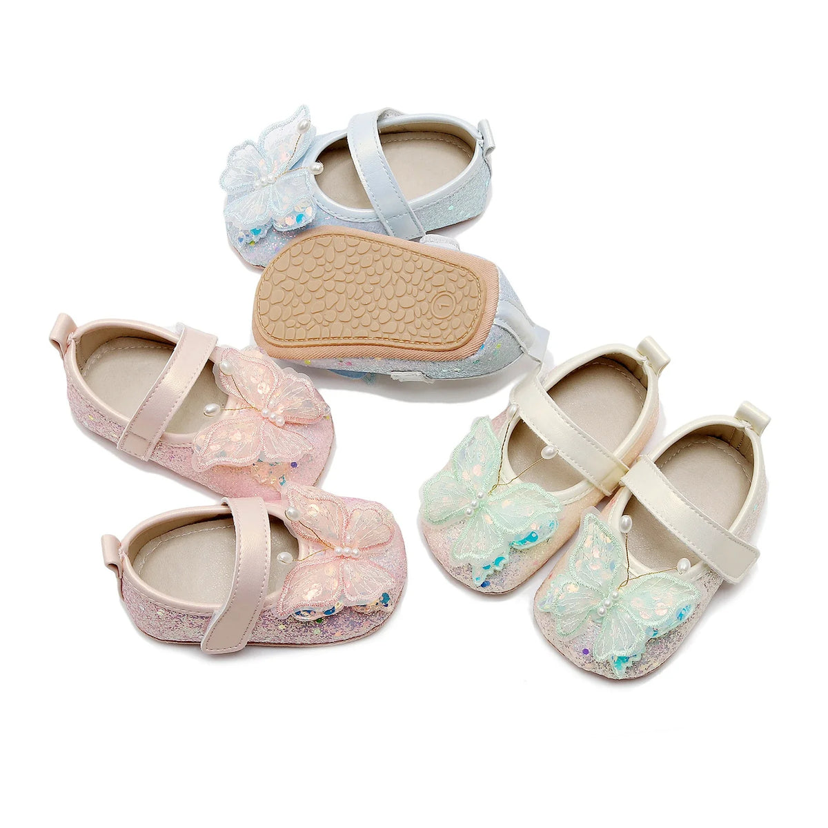 Baby Girls 3D Butterfly Glitter Flats - Non-Slip Princess Crib & Walking Shoes for Toddlers
